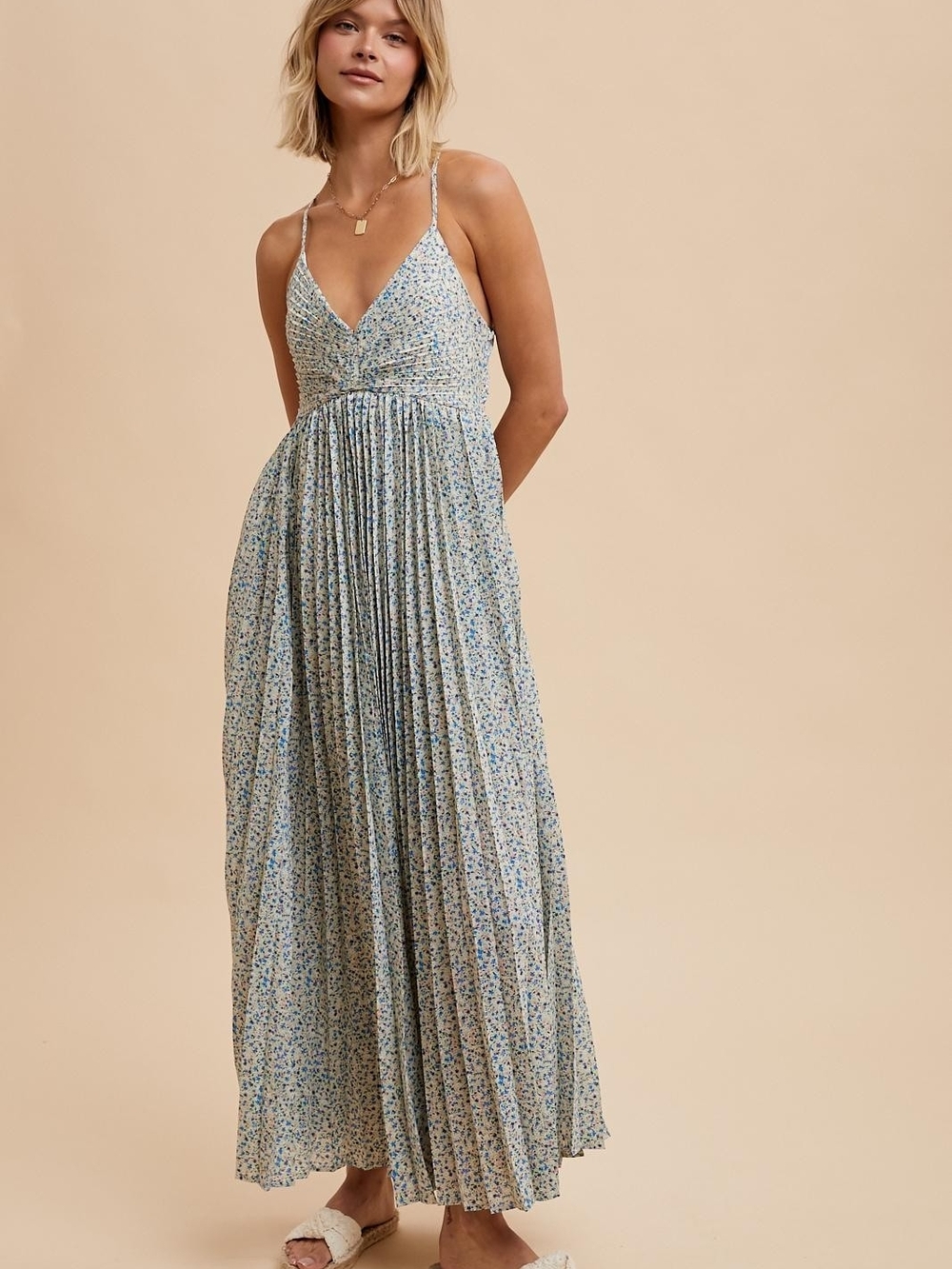 IN LOOM Womens Blue Ditsy Floral Spaghetti Strap Accordian Maxi Dress Size Small